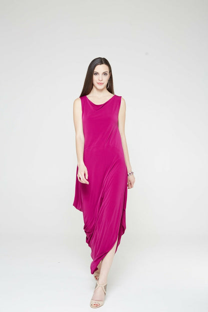 Fuchsia angled dress for women by Purple Mango, showcasing a stylish, modern silhouette and elegant design.