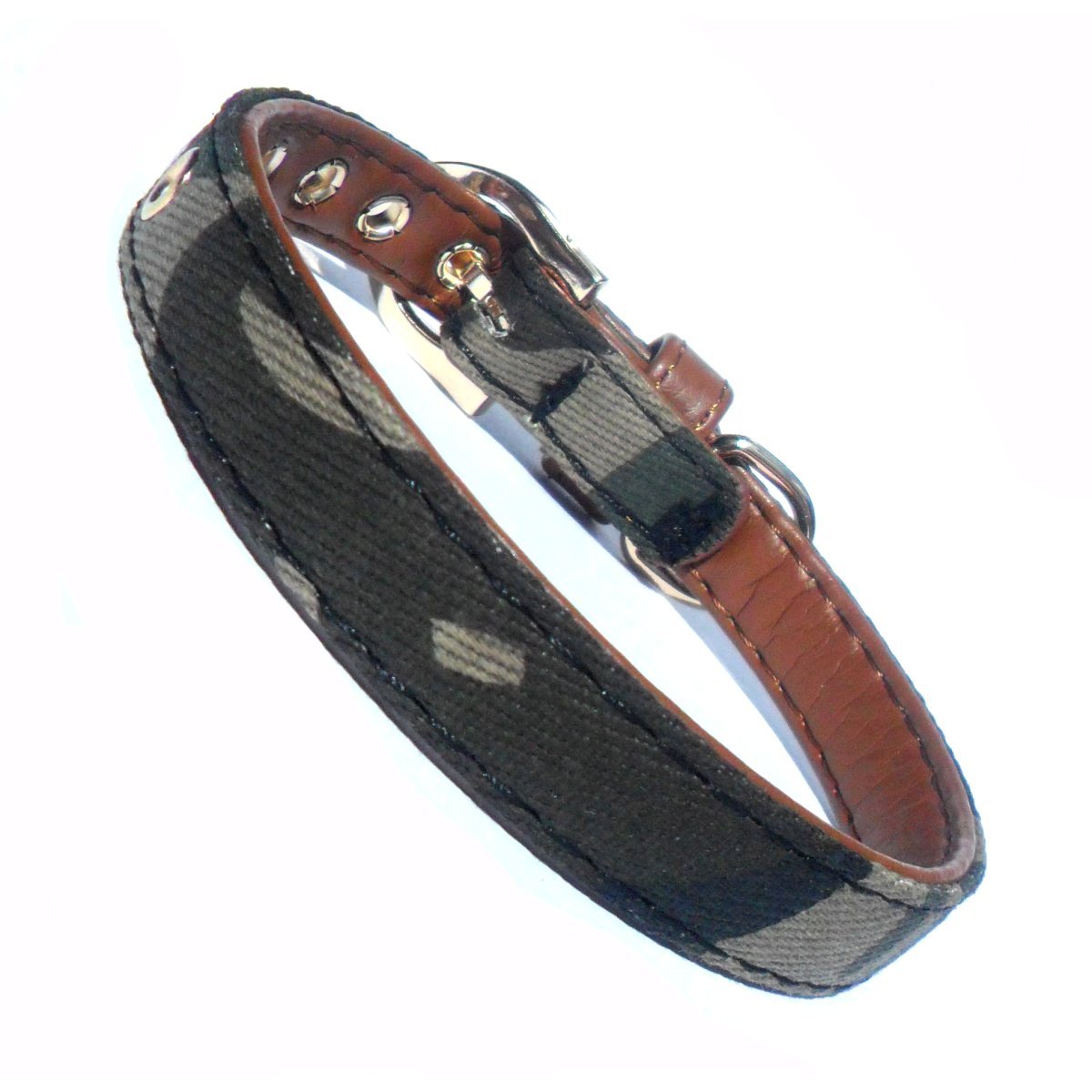 Salmon Oscar army fabric and brown vegan leather dog collar with adjustable strap and metal buckle.