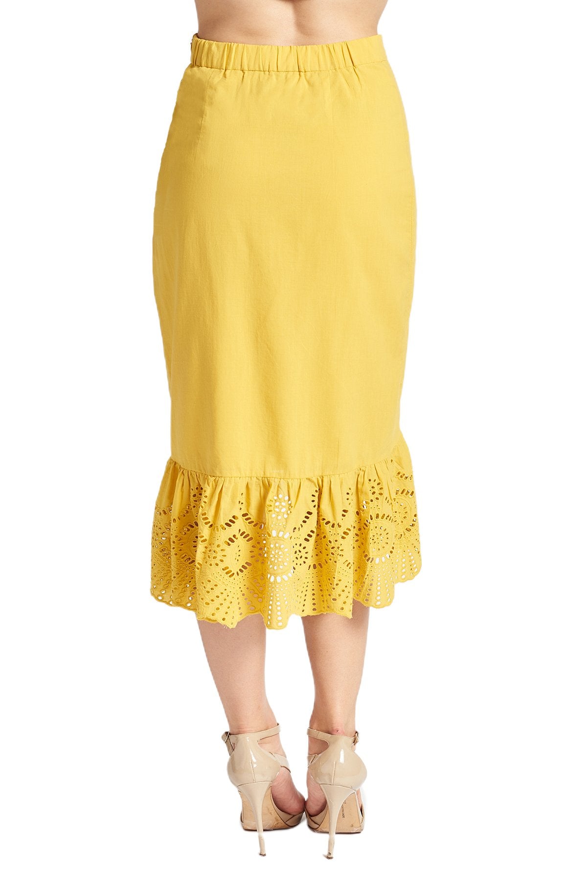 Marigold Aster Skirt by Peach Dionysus, cotton eyelet fabric, asymmetric hi-lo design, back view of the skirt.