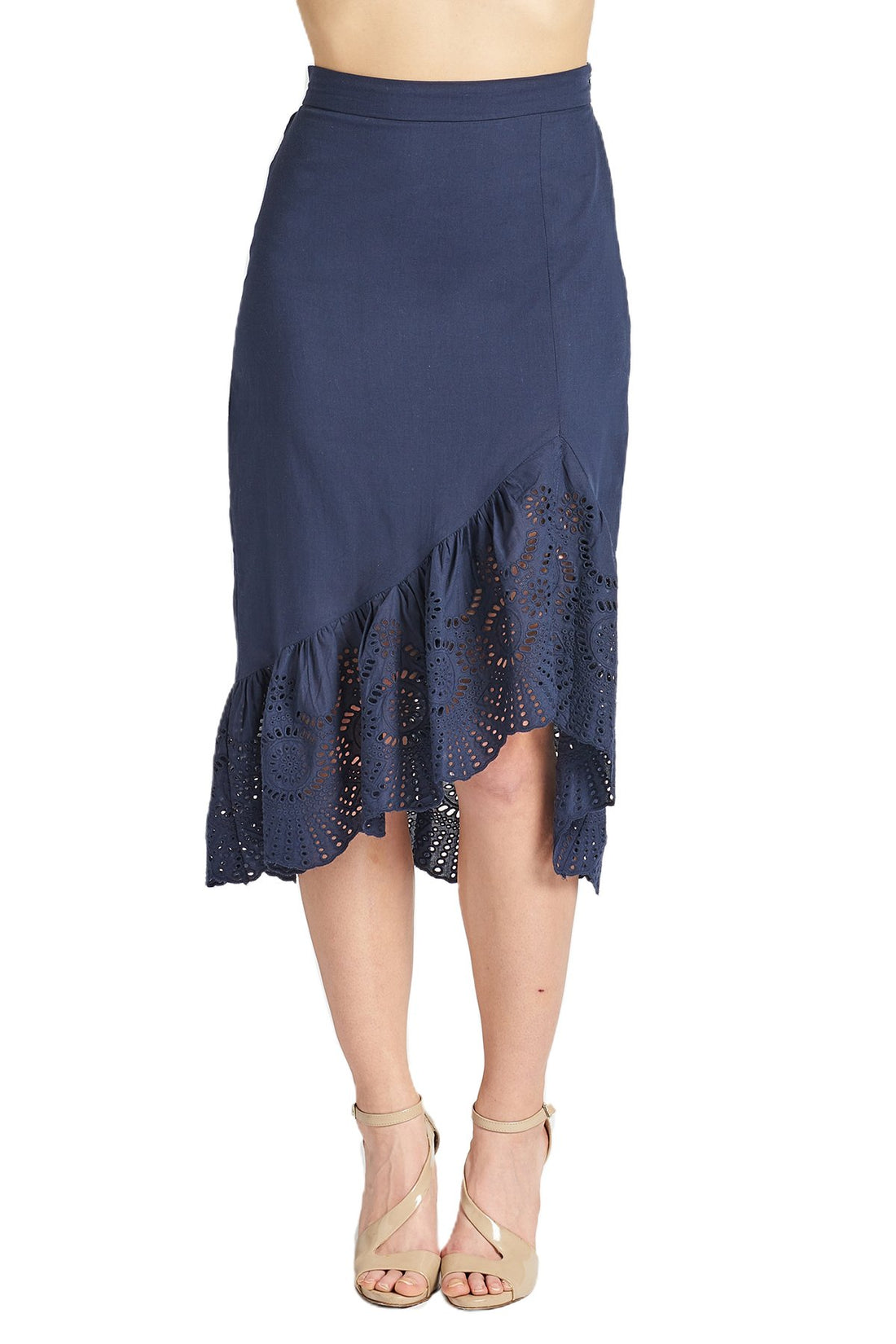 Navy cotton eyelet Aster Skirt by Peach Dionysus featuring an asymmetric hi-lo hem and floral eyelet details.