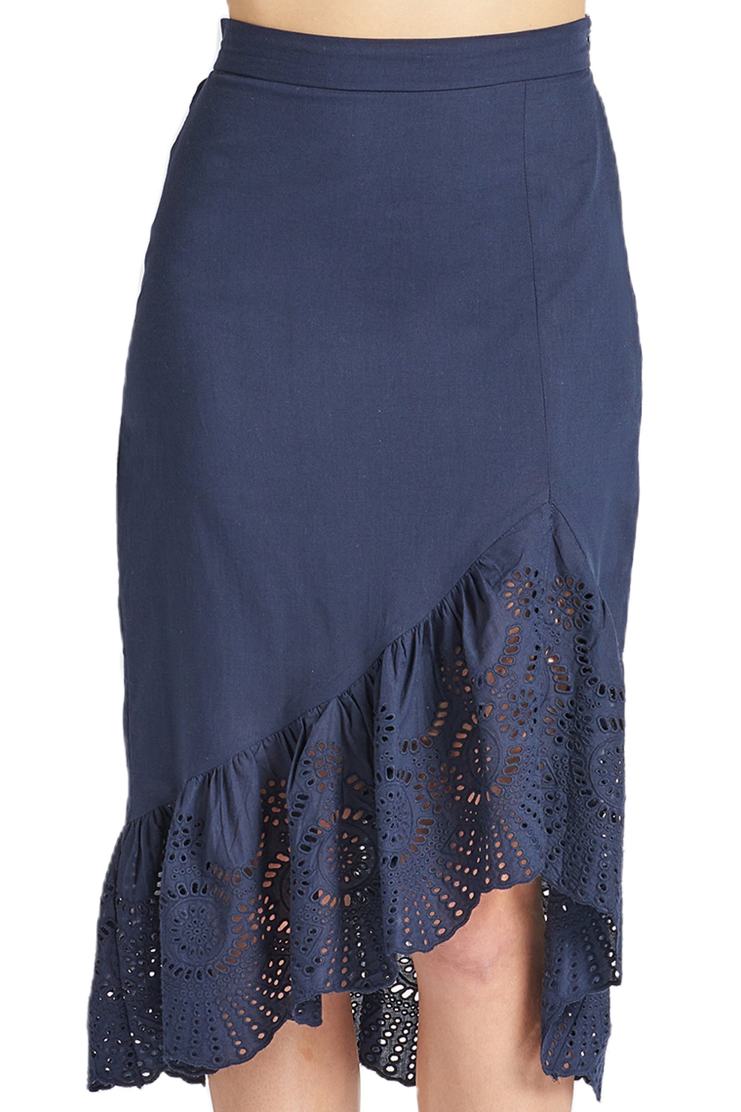 Navy cotton eyelet Aster Skirt by Peach Dionysus featuring an asymmetric hi-lo hem and close-up of front detail.