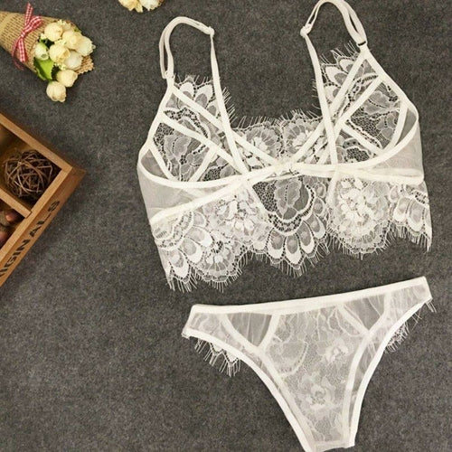 Jade EP sexy lace lingerie set with sheer mesh bralette and matching G-string, unpadded and unlined for a revealing, stylish look.