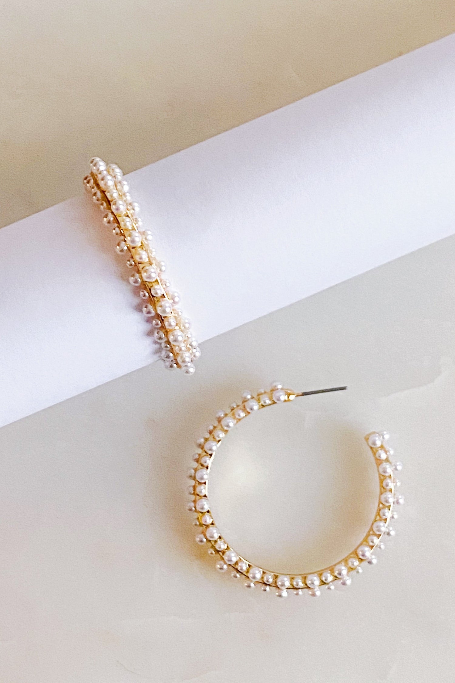 Fuchsia Hercules delicate pearl deco hoop earrings with small pearl accents and intricate metal design, jewelry and watches collection.