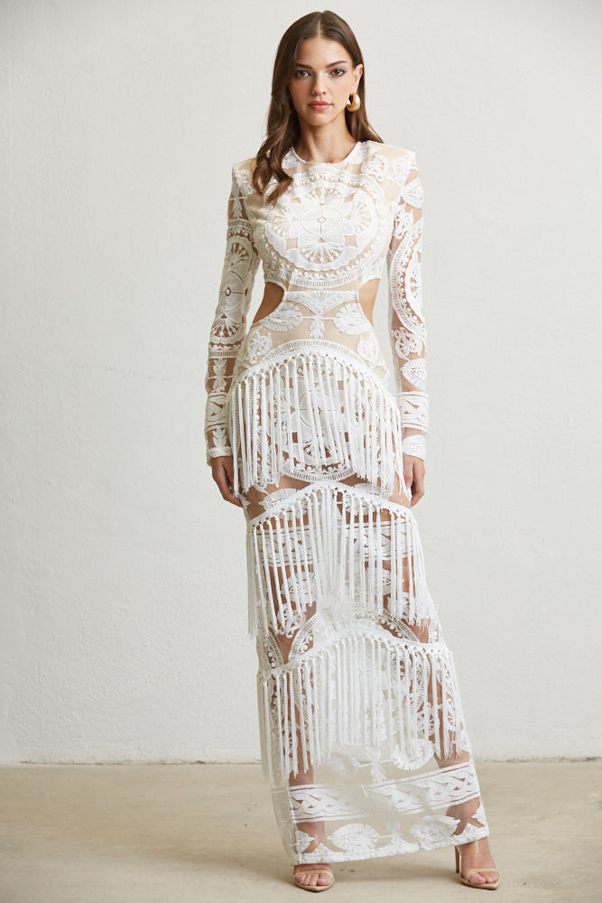 White Amphitryon Harper dress for women, featuring a stylish, elegant design with a fitted bodice and flowing skirt.