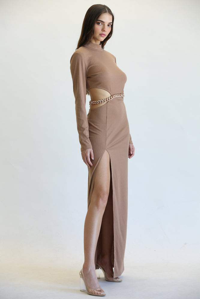 White Amphitryon Sleek Chain-Belt Slit Dress for women, featuring a modern design with a stylish chain belt and slit detail.