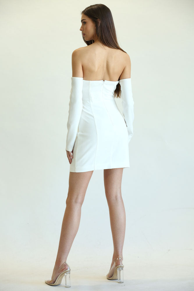 White Amphitryon Golden Detail Flap Dress for women, showcasing elegant design with gold accents and stylish flap details.