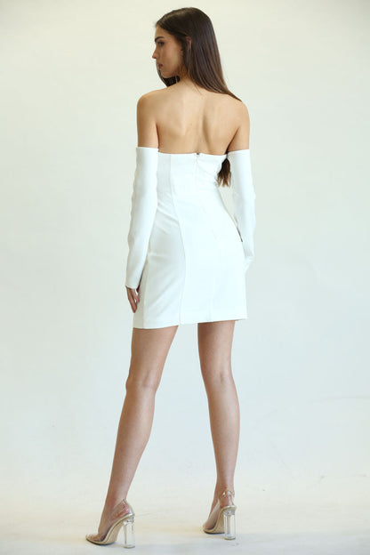 White Amphitryon Golden Detail Flap Dress for women, showcasing elegant design with gold accents and stylish flap details.