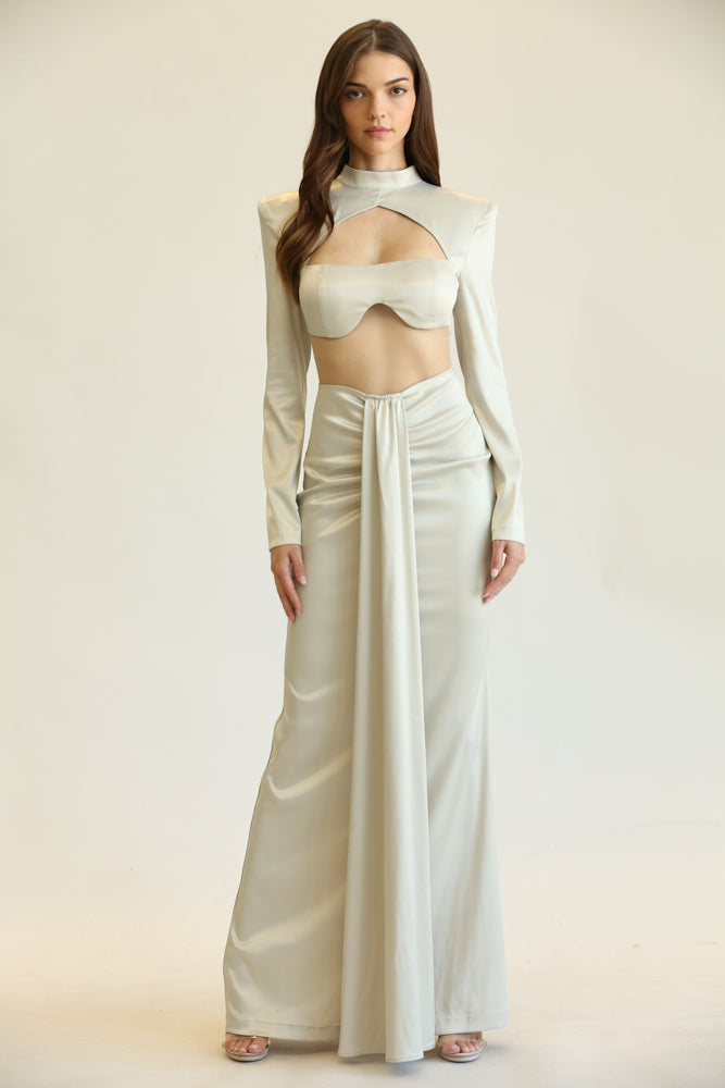 White Amphitryon Opulence Cutout Gown for women, elegant evening dress with stylish cutout details in black fabric.