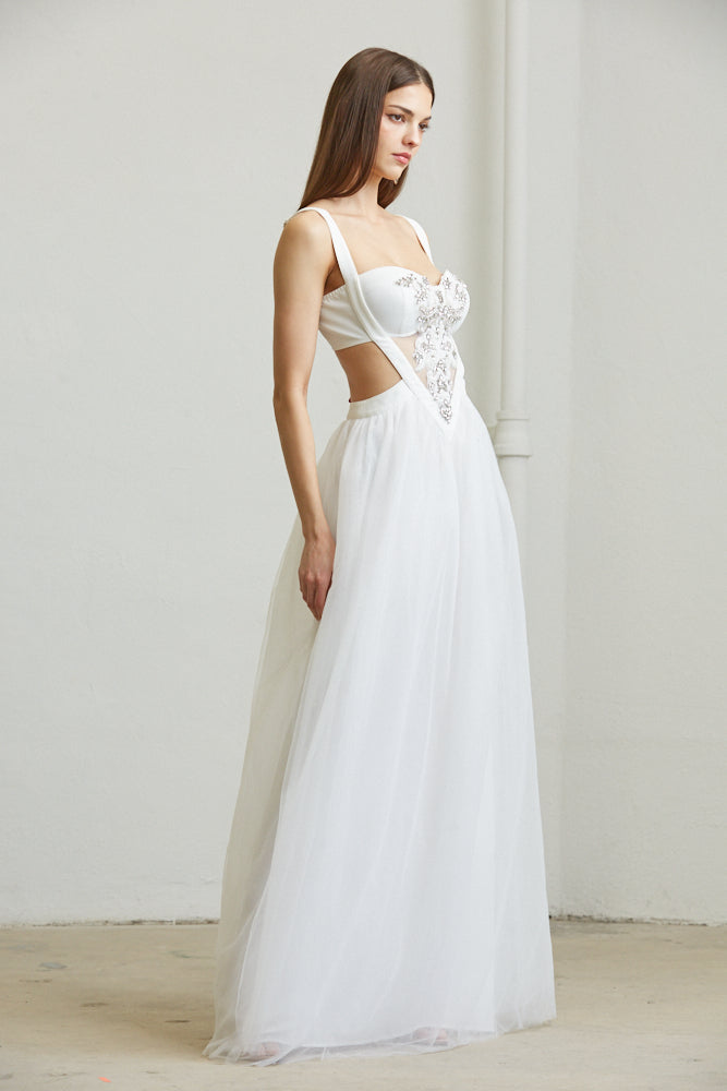 White Amphitryon Winona Dress for women, showcasing a stylish, elegant dress with a flowing design and modern silhouette.
