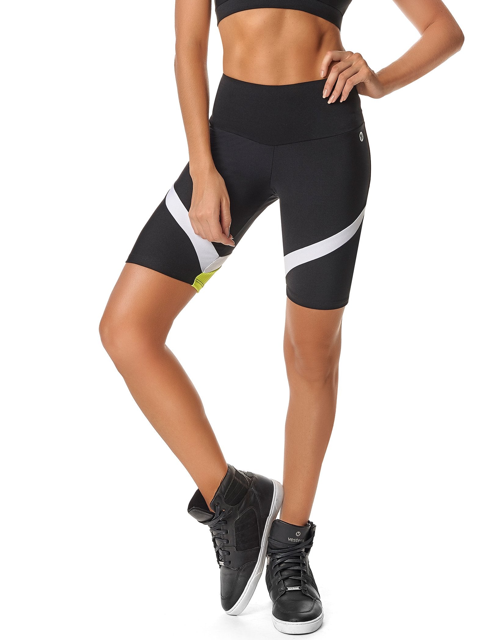 Red Medusa Calle Ocho women’s biker shorts, activewear with a fitted design, shown in black fabric on a plain background.