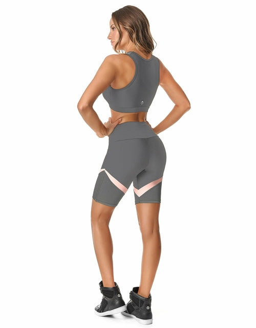 Grey Calle Ocho women biker shorts by Red Medusa, featuring a snug fit and activewear design, shown on a white background.