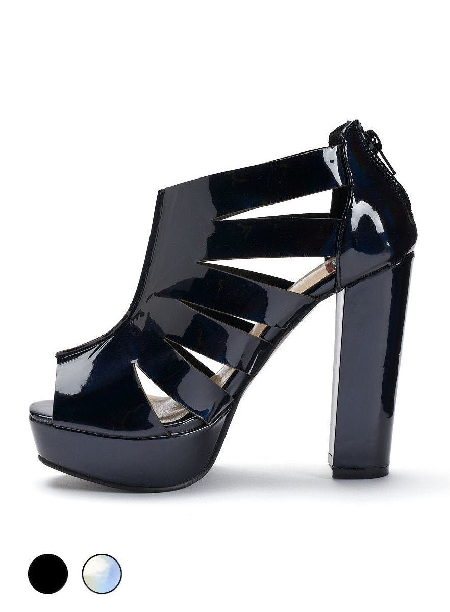 Black BESSIE footwear by Azure Ophion, side view showcasing sleek design and holographic details.
