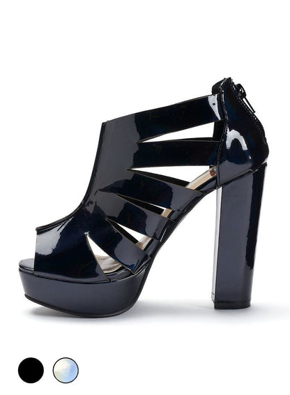 Black BESSIE footwear by Azure Ophion, side view showcasing sleek design and holographic details.
