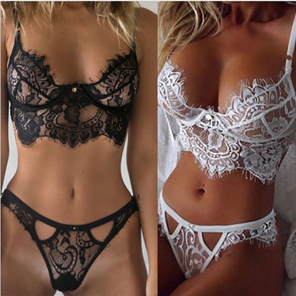Jade EP sexy lace bra and sheer mesh bralette with unpadded design, matching lace G-string lingerie set on white background.