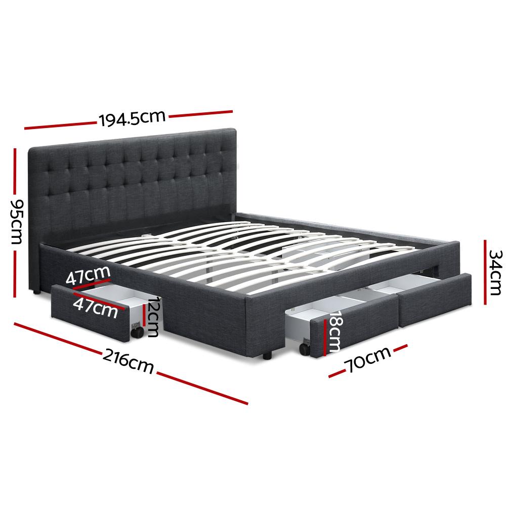 Charcoal King Size Artiss bed frame with four drawers, featuring a modern design by Ozdingo for home and garden use.