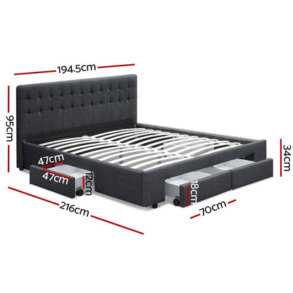 Charcoal King Size Artiss bed frame with four drawers, featuring a modern design by Ozdingo for home and garden use.