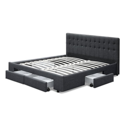 Charcoal King size Artiss bed frame with four built-in drawers, made by Ozdingo, featuring a modern home and garden furniture design.