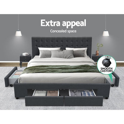 Charcoal Artiss King Size bed frame with four drawers by Ozdingo, featuring a modern design and storage space in a home bedroom setting.