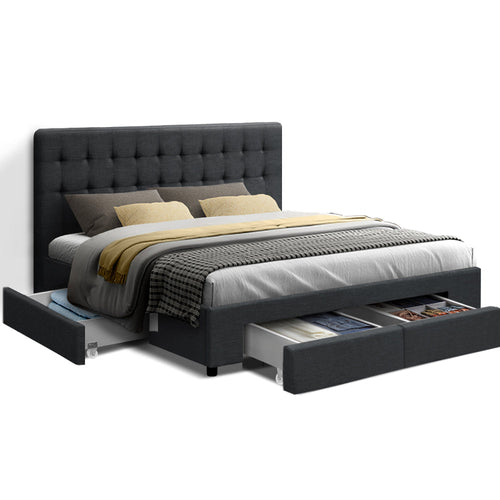 Charcoal queen size Artiss bed frame with four drawers, featuring a modern design and sturdy construction from Ozdingo.