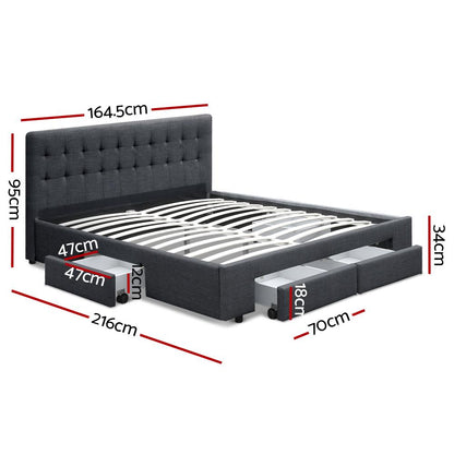 Charcoal queen size Artiss bed frame with four drawers from Ozdingo, featuring a modern design and sturdy construction.