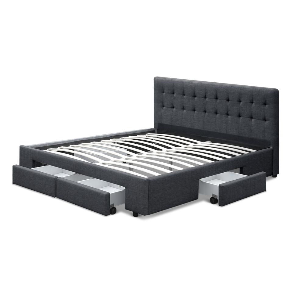 Charcoal queen size Artiss bed frame with four drawers by Ozdingo, featuring a sleek modern design and sturdy construction.
