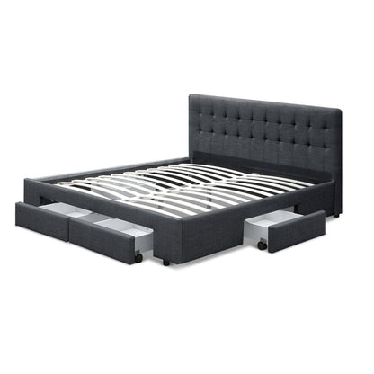Charcoal queen size Artiss bed frame with four drawers by Ozdingo, featuring a sleek modern design and sturdy construction.