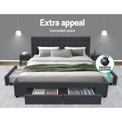 Queen size Artiss bed frame with four drawers in charcoal finish, Ozdingo AVIO model, suitable for modern bedroom decor.