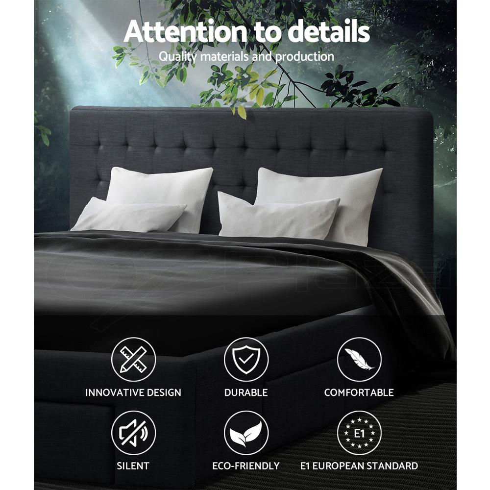 Charcoal queen size Artiss bed frame with four built-in drawers, modern design, by Ozdingo for home and garden interiors.
