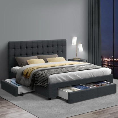 Ozdingo Artiss queen size bed frame with charcoal finish and four storage drawers in a modern home bedroom setting.
