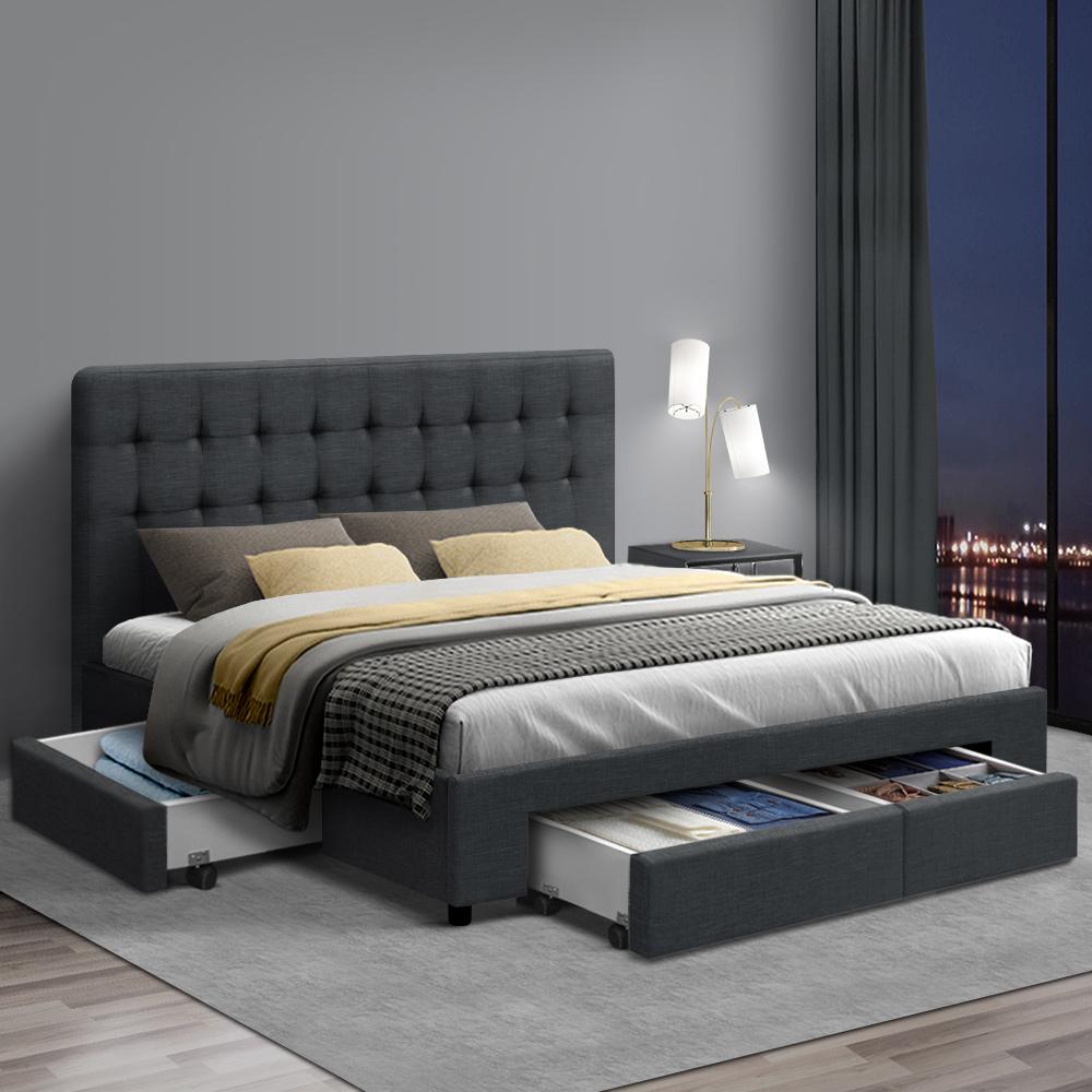 Queen size Artiss bed frame with four drawers in charcoal, Ozdingo AVIO model, suitable for modern home and bedroom decor.