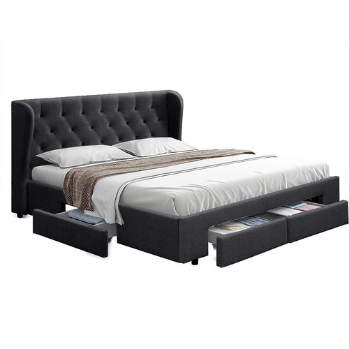 Charcoal King Size Artiss bed frame with four drawers, Ozdingo MILA model, featuring a modern design and storage drawers in a home bedroom setting.