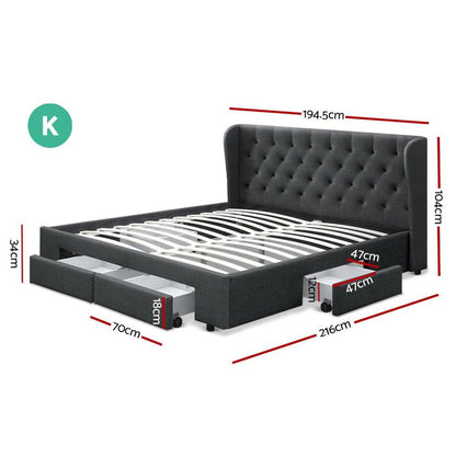Charcoal King size Artiss Bed Frame with four drawers from Ozdingo&