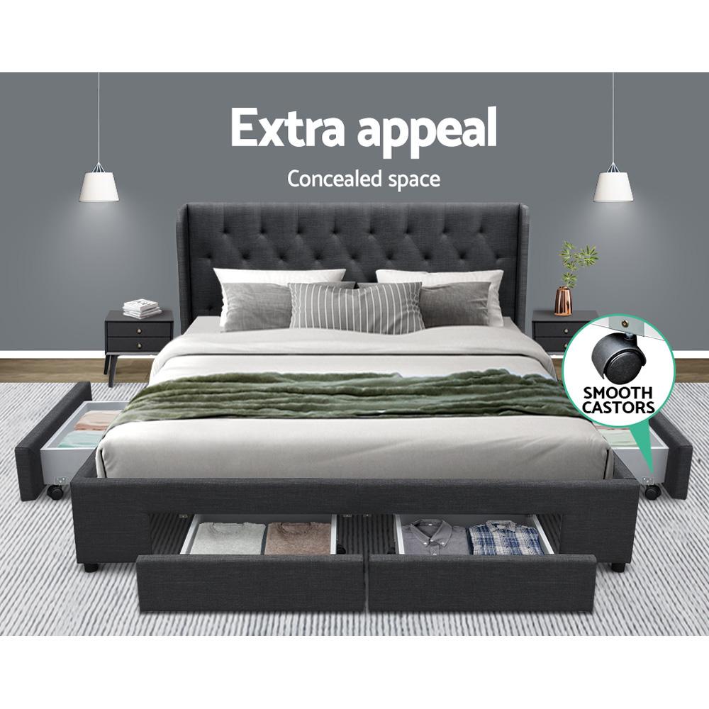 King size Artiss bed frame with four drawers in charcoal finish, featuring a modern design and sturdy construction from Ozdingo.