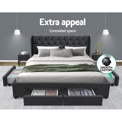 King size Artiss bed frame with four drawers in charcoal finish, featuring a modern design and sturdy construction from Ozdingo.