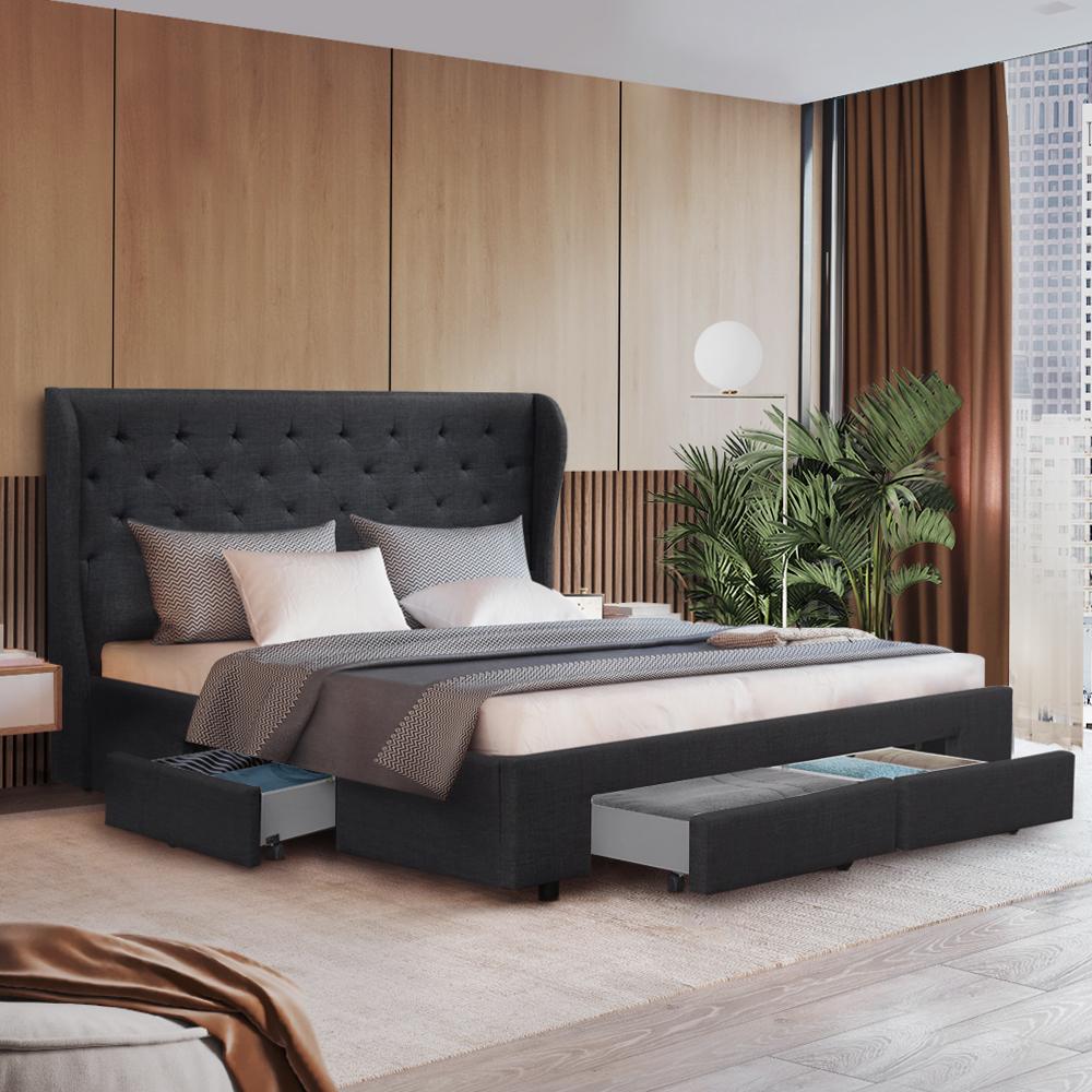 Charcoal Ozdingo Artiss King Size bed frame with four built-in drawers, modern design, and sturdy construction for home bedroom.