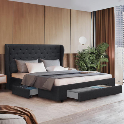 Charcoal Ozdingo Artiss King Size bed frame with four built-in drawers, modern design, and sturdy construction for home bedroom.