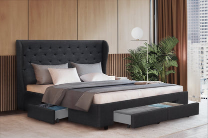Charcoal king size Artiss bed frame with four drawers, featuring a modern design, from Ozdingo&
