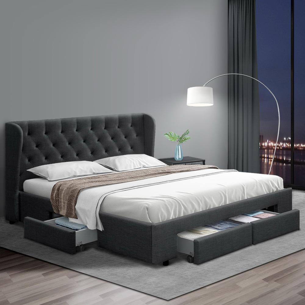 Charcoal King Size Artiss bed frame with 4 drawers, Ozdingo MILA model, featuring a modern design and sturdy construction.