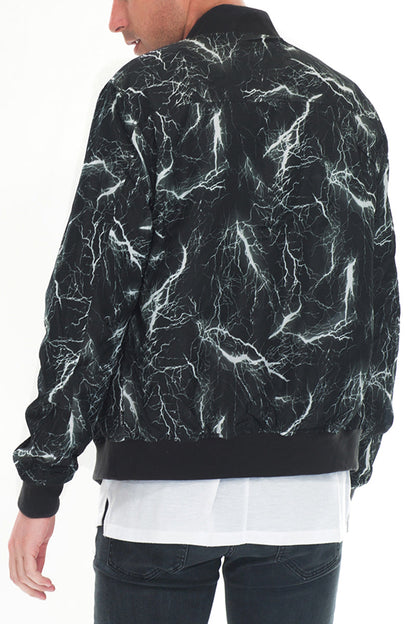 Lime Milo Bolt Print Bomber jacket featuring a bold graphic design and classic bomber style, displayed on a hanger.