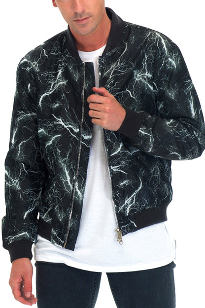 Lime Milo Bolt Print Bomber jacket with bold graphic design, featuring a zip front and ribbed cuffs and hem.