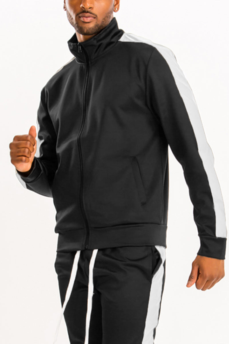 Lime Milo Single Stripe Track Jacket TJ123, black with white stripe details, shown on a hanger. Comfortable athletic jacket for casual wear.