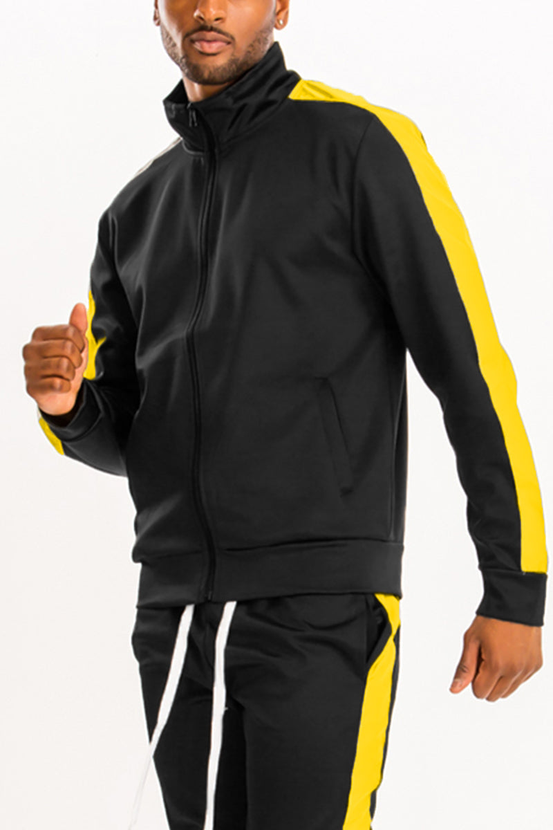 Lime Milo single stripe track jacket TJ123, black sports jacket with white stripe detail, front zipper, and stand-up collar.