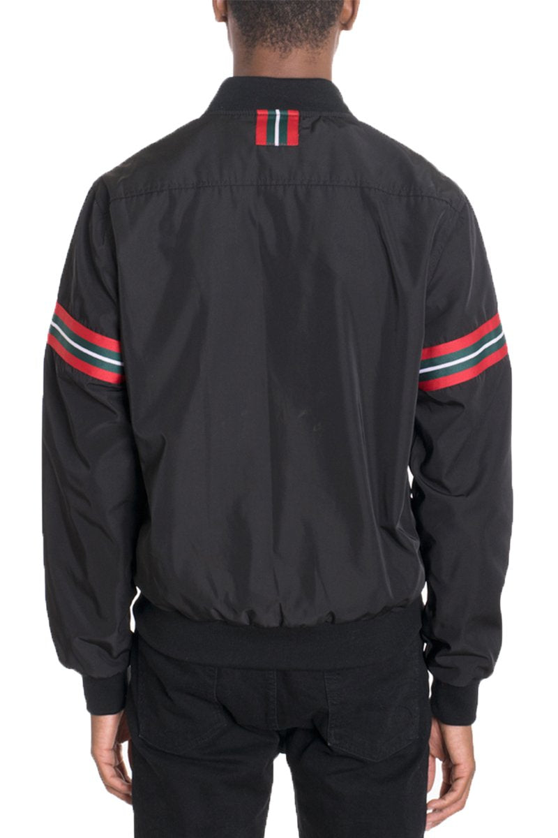 Lime Milo Dom Taped Bomber jacket in black with taped detail, front zipper, and ribbed cuffs, styled for casual wear.