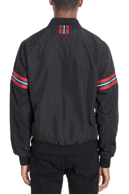 Lime Milo Dom Taped Bomber jacket in black with taped detail, front zipper, and ribbed cuffs, styled for casual wear.