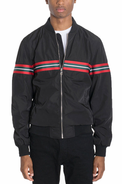 Lime Milo Dom Taped Bomber jacket in black with tape detailing, front zipper, and ribbed cuffs, casual outerwear for men