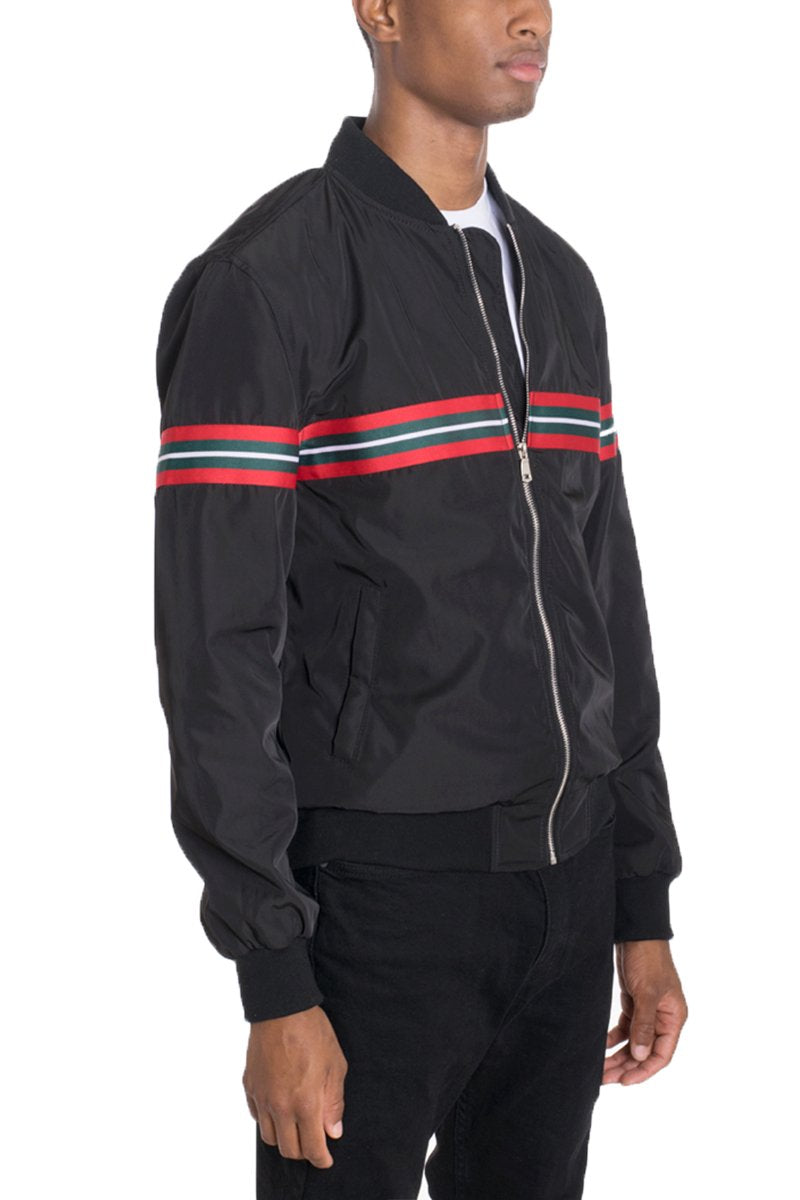 Lime Milo Dom Taped Bomber jacket with black color, featuring taped design and stylish collar detail.