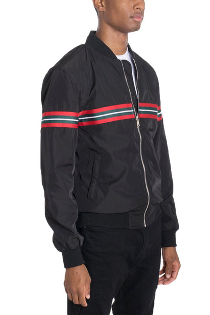 Lime Milo Dom Taped Bomber jacket with black color, featuring taped design and stylish collar detail.