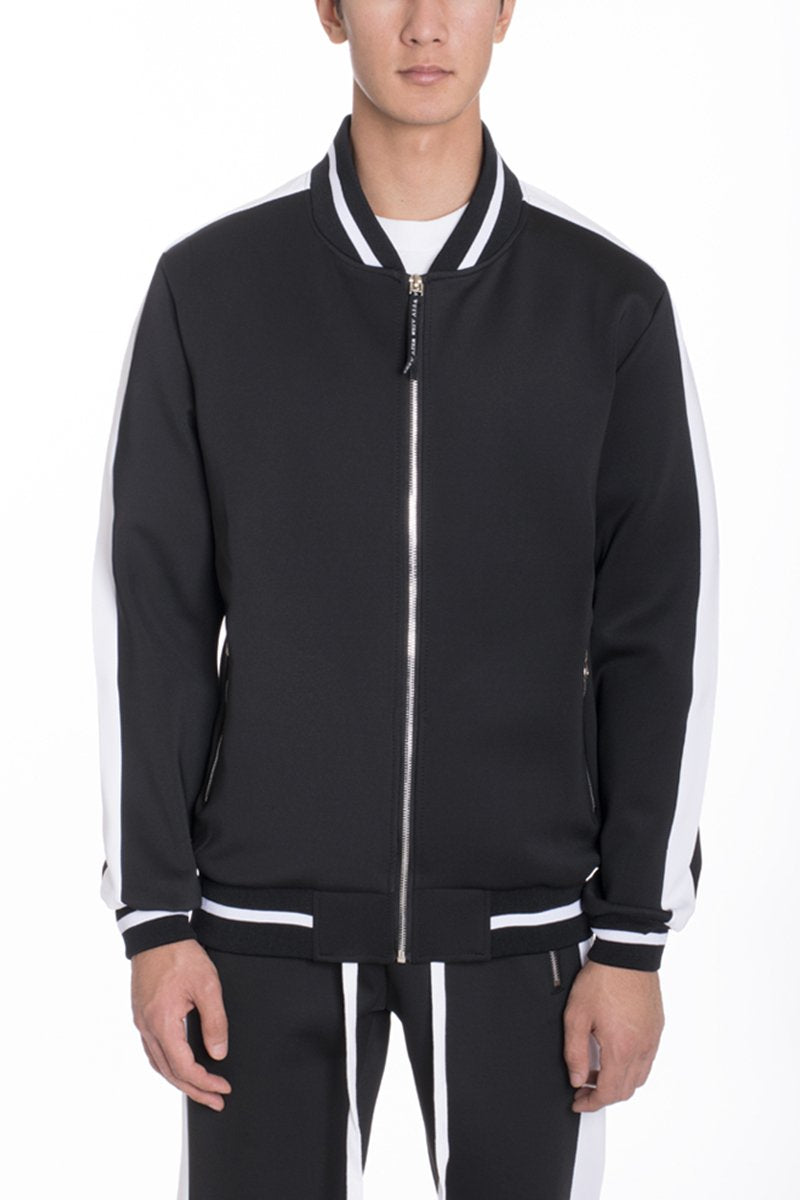Lime Milo heavy weight solid track jacket for activewear, black color, front view with zip closure and ribbed cuffs.