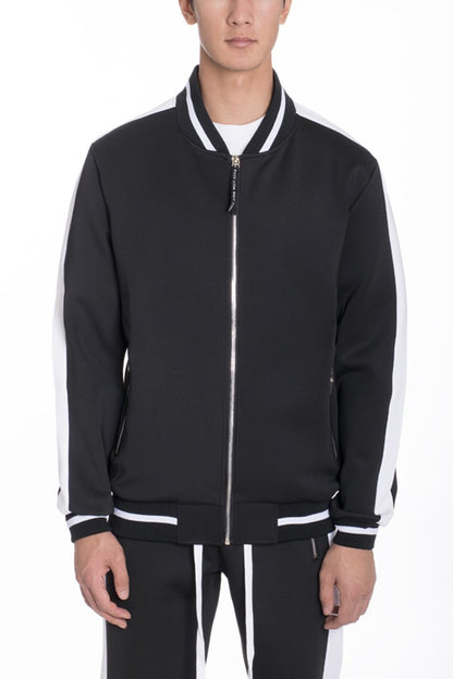 Lime Milo heavy weight solid track jacket for activewear, black color, front view with zip closure and ribbed cuffs.