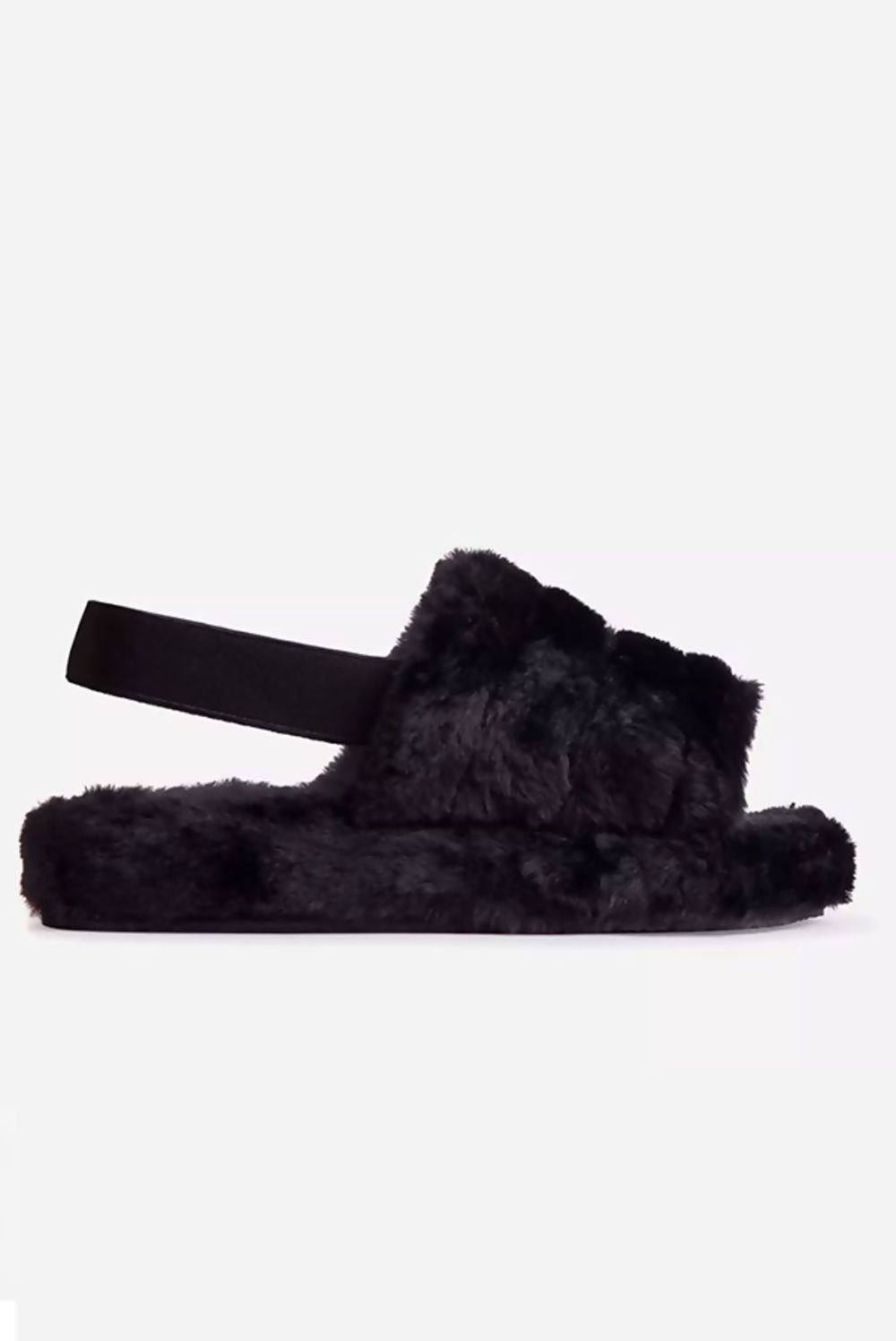 Black faux fur fluffy stripe slippers for women by Azure Theseus, featuring cozy, plush design with stylish striped pattern.